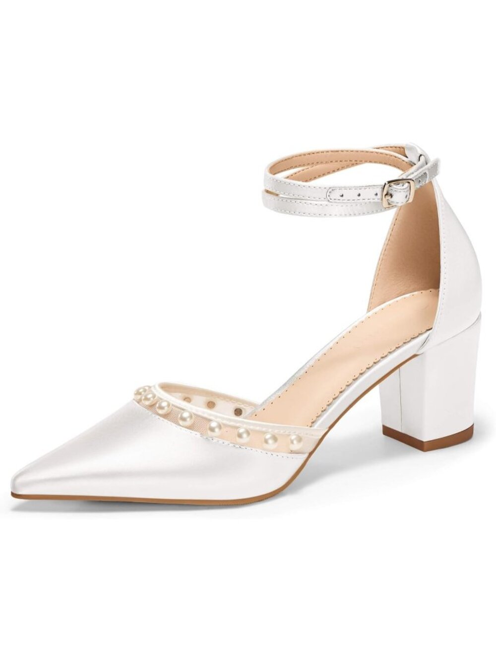 Women's White Satin Pearl Heels Shoes for Bride Closed Pointed Toe Ankle Pump